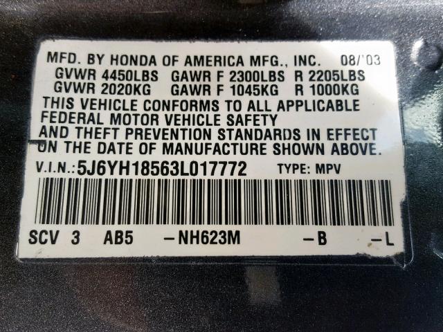 5J6YH18563L017772 - 2003 HONDA ELEMENT EX BLACK photo 10