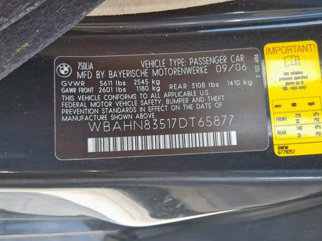 WBAHN83517DT65877 - 2007 BMW 750 BLACK photo 10