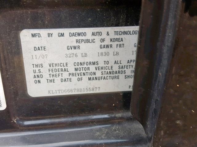 KL1TD66678B155877 - 2008 CHEVROLET AVEO BASE შავი ფოტო 10