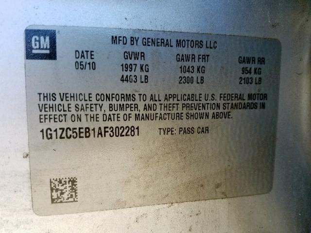 1G1ZC5EB1AF302281 - 2010 CHEVROLET MALIBU 1LT GRAY photo 10