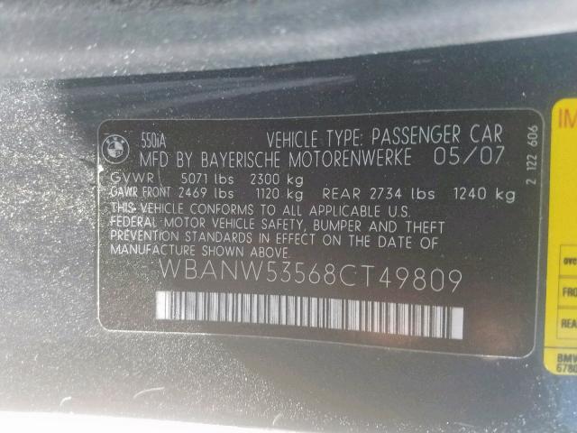 WBANW53568CT49809 - 2008 BMW 550 I GRAY photo 10