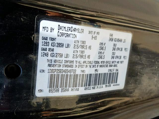 1D8GP25B34B549722 - 2004 DODGE CARAVAN SE BLACK photo 10