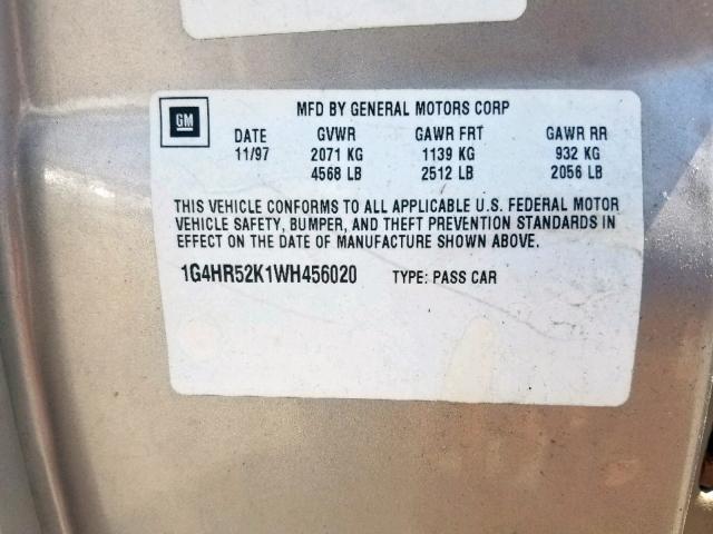 1G4HR52K1WH456020 - 1998 BUICK LESABRE LI TAN photo 10