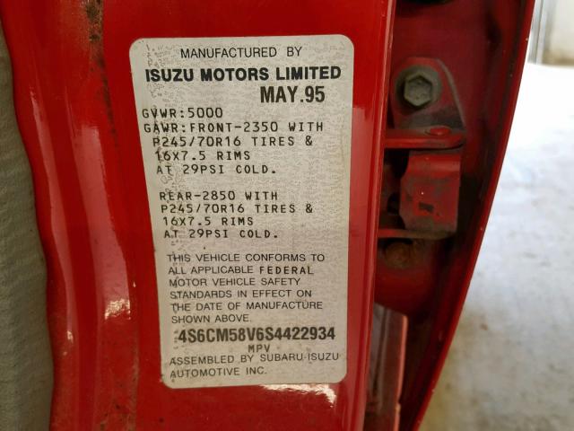 4S6CM58V6S4422934 - 1995 HONDA PASSPORT E 红色 照片 10