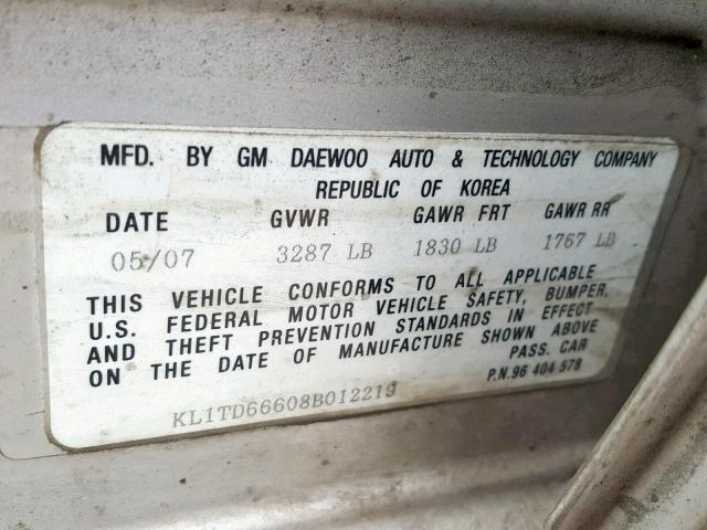 KL1TD66608B012219 - 2008 CHEVROLET AVEO BASE Күміс фото 10