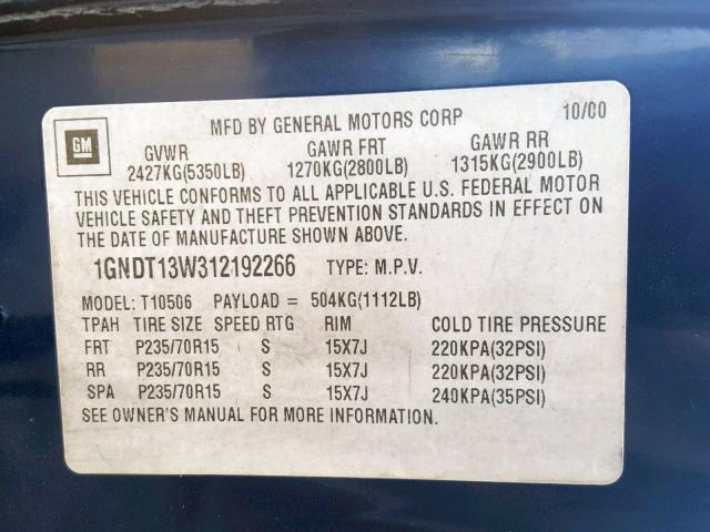 1GNDT13W312192266 - 2001 CHEVROLET BLAZER BLUE photo 10