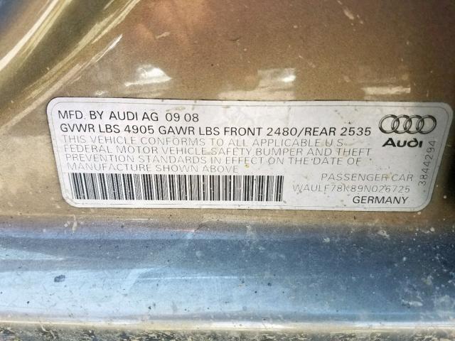 WAULF78K89N026725 - 2009 AUDI A4 2.0T QU GOLD photo 10