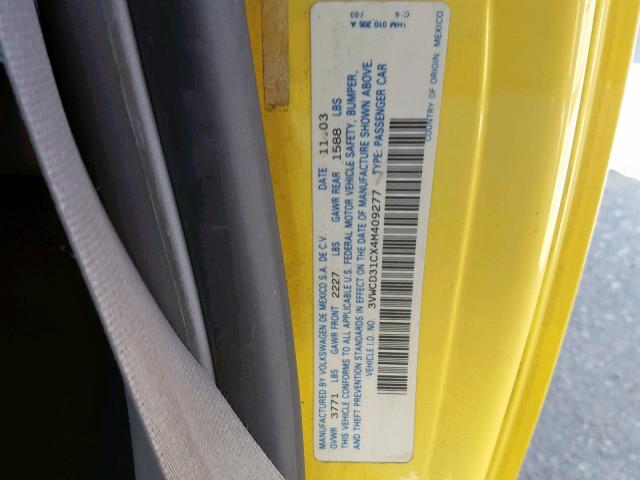 3VWCD31CX4M409277 - 2004 VOLKSWAGEN NEW BEETLE ყვითელი ფოტო 10