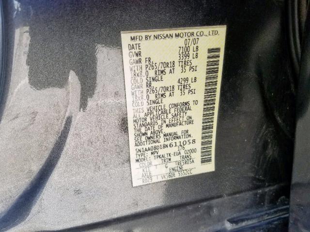 5N1AA08D18N611058 - 2008 NISSAN ARMADA SE GRAY photo 10