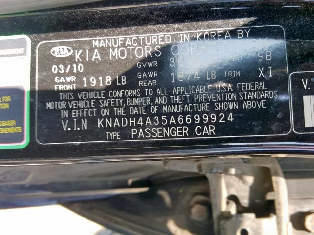 KNADH4A35A6699924 - 2010 KIA RIO LX BLACK photo 10