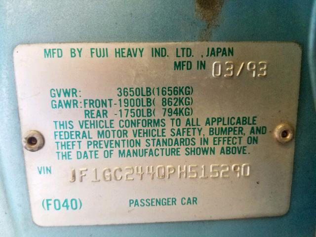 JF1GC2440PH515290 - 1993 SUBARU IMPREZA L BLUE photo 10