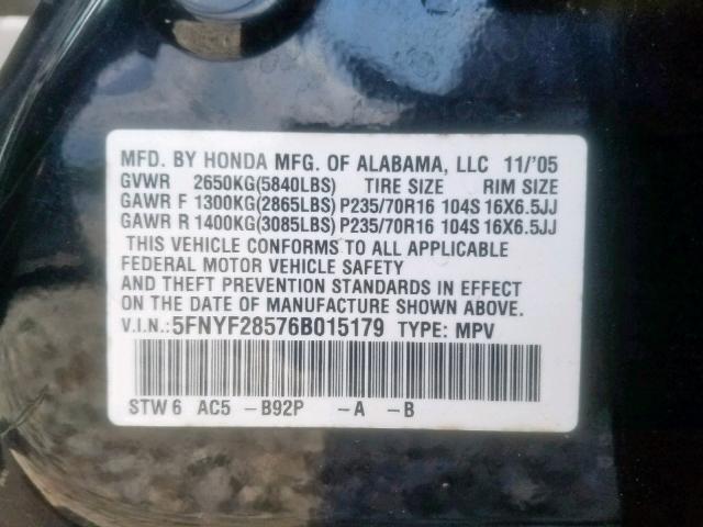 5FNYF28576B015179 - 2006 HONDA PILOT EX BLACK photo 10