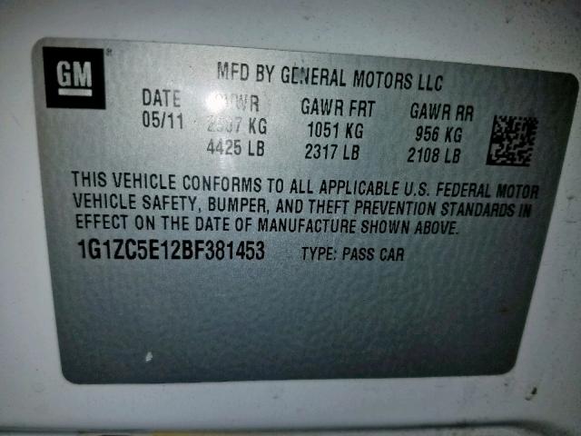 1G1ZC5E12BF381453 - 2011 CHEVROLET MALIBU 1LT WHITE photo 10