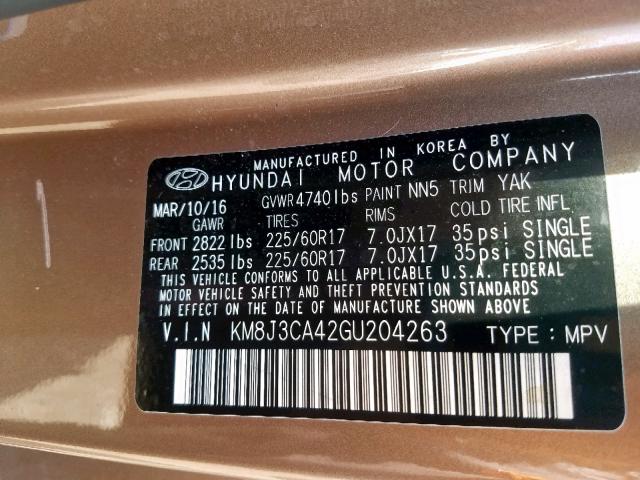 KM8J3CA42GU204263 - 2016 HYUNDAI TUCSON LIM BROWN photo 10