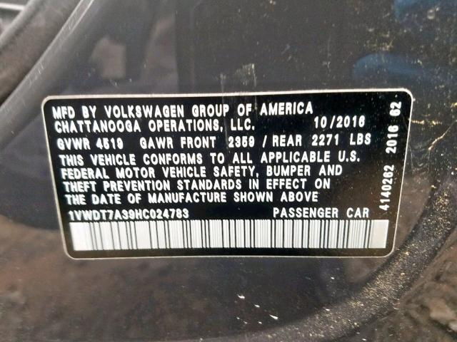 1VWDT7A39HC024783 - 2017 VOLKSWAGEN PASSAT R-L GRAY photo 10