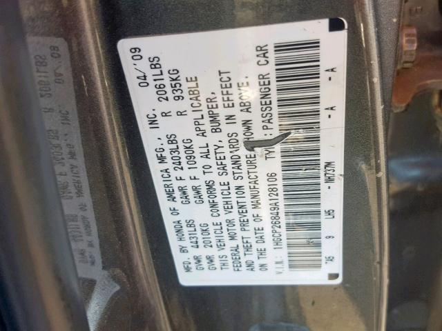 1HGCP26849A128106 - 2009 HONDA ACCORD EXL SILVER photo 10