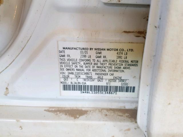 1N4BL11D55C348671 - 2005 NISSAN ALTIMA SE WHITE photo 10