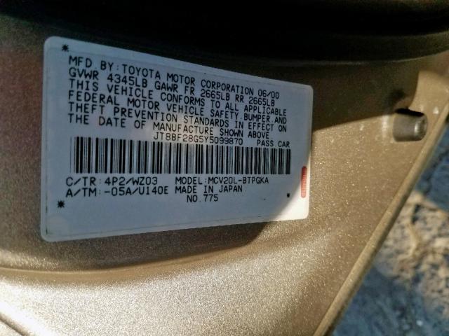 JT8BF28G5Y5099870 - 2000 LEXUS ES 300 GOLD photo 10