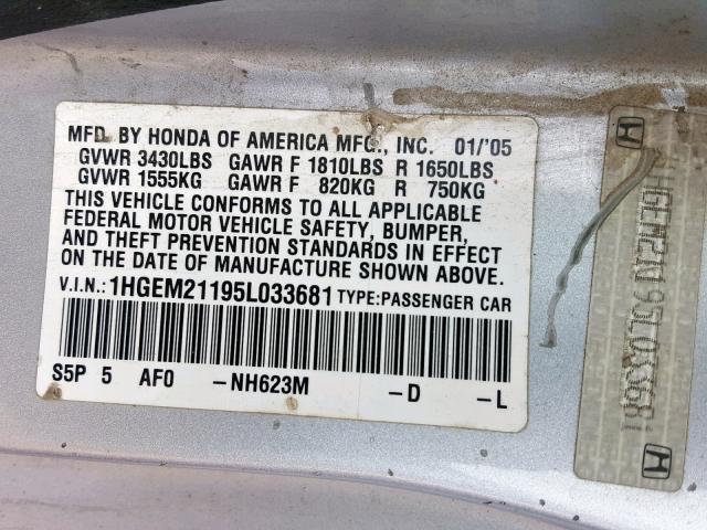 1HGEM21195L033681 - 2005 HONDA CIVIC DX V GRAY photo 10