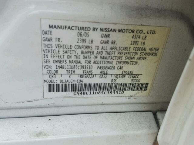 1N4BL11D85C393510 - 2005 NISSAN ALTIMA SE WHITE photo 10