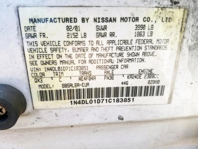 1N4DL01D71C183851 - 2001 NISSAN ALTIMA XE WHITE photo 10