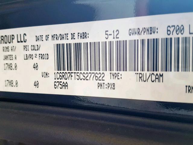 1C6RD7FT5CS277622 - 2012 DODGE RAM 1500 S BLACK photo 10