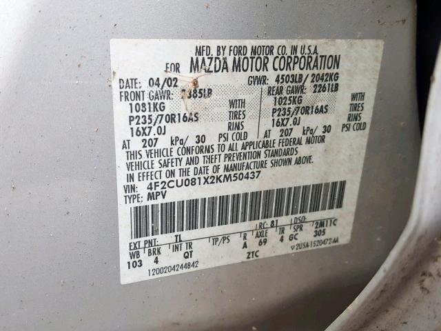 4F2CU081X2KM50437 - 2002 MAZDA TRIBUTE LX SILVER photo 10