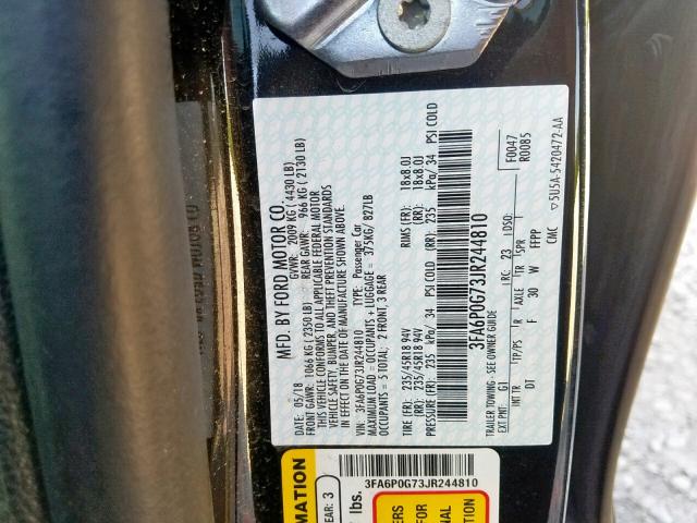 3FA6P0G73JR244810 - 2018 FORD FUSION S BLACK photo 10