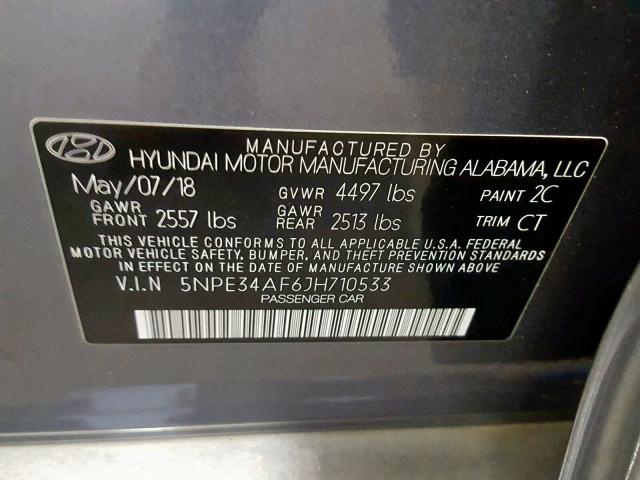 5NPE34AF6JH710533 - 2018 HYUNDAI SONATA SPO CHARCOAL photo 10