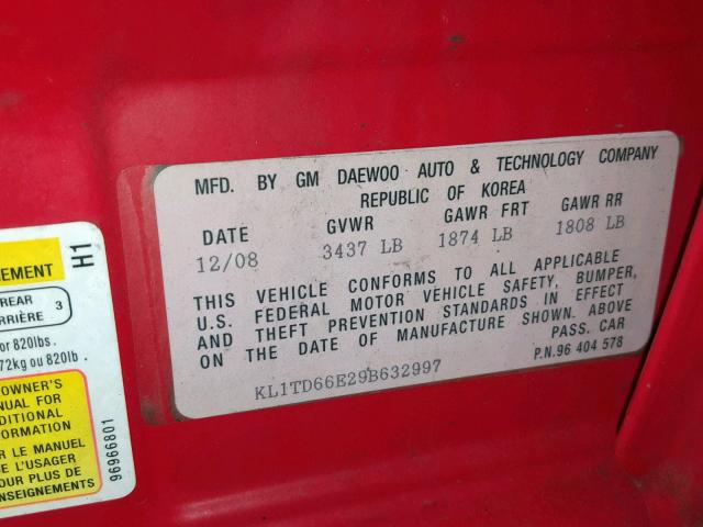 KL1TD66E29B632997 - 2009 CHEVROLET AVEO LS RED photo 10