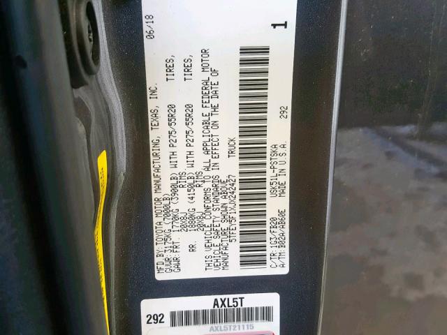 5TFEY5F1XJX242427 - 2018 TOYOTA TUNDRA CRE GRAY photo 10