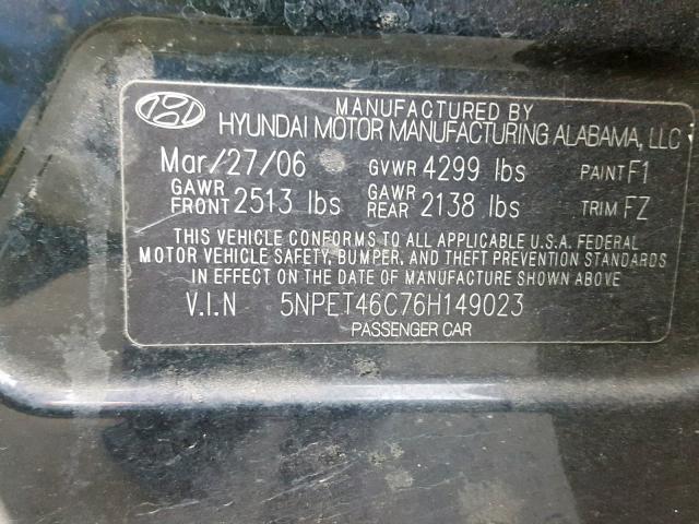 5NPET46C76H149023 - 2006 HYUNDAI SONATA GL BLACK photo 10