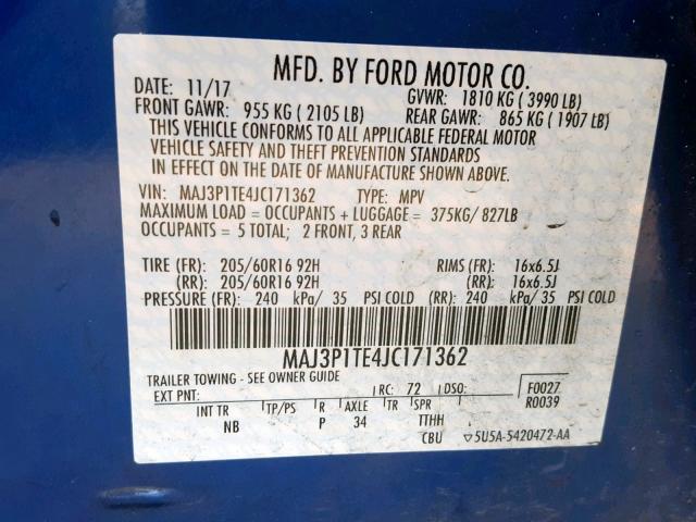 MAJ3P1TE4JC171362 - 2018 FORD ECOSPORT S ლურჯი ფოტო 10