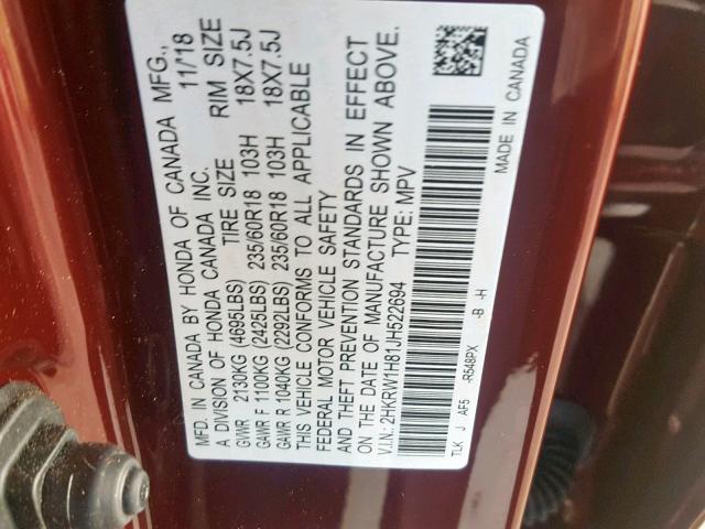 2HKRW1H81JH522694 - 2018 HONDA CR-V EXL BURGUNDY photo 10