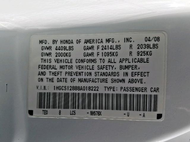 1HGCS12888A018222 - 2008 HONDA ACCORD EXL WHITE photo 10