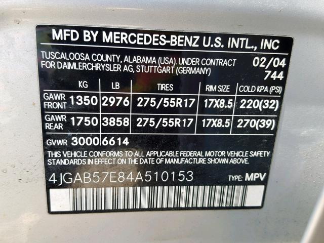 4JGAB57E84A510153 - 2004 MERCEDES-BENZ ML 350 SILVER photo 10