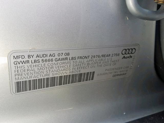 WAUDN74F78N164318 - 2008 AUDI S6 QUATTRO SILVER photo 10