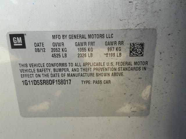 1G11D5SR8DF158017 - 2013 CHEVROLET MALIBU 1LT ვერცხლისფერი ფოტო 10