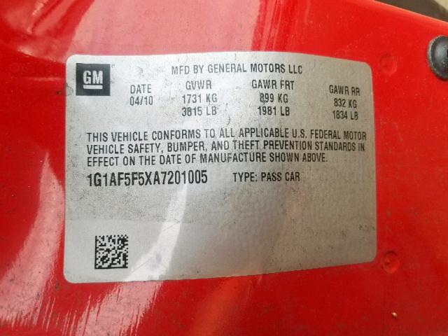 1G1AF5F5XA7201005 - 2010 CHEVROLET COBALT 2LT RED photo 10