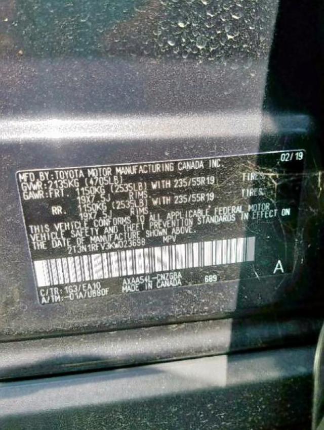 2T3N1RFV3KW023698 - 2019 TOYOTA RAV4 LIMIT GRAY photo 10