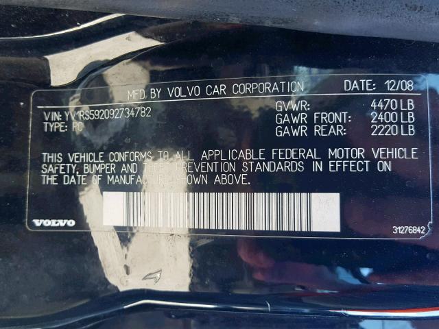 YV1RS592092734782 - 2009 VOLVO S60 2.5T BLACK photo 10