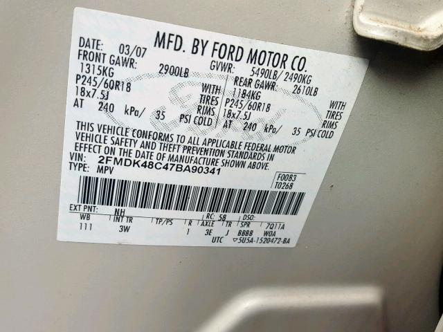 2FMDK48C47BA90341 - 2007 FORD EDGE SEL WHITE photo 10