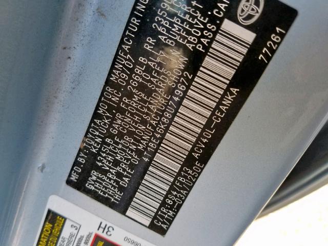 4T1BE46K88U749672 - 2008 TOYOTA CAMRY CE BLUE photo 10