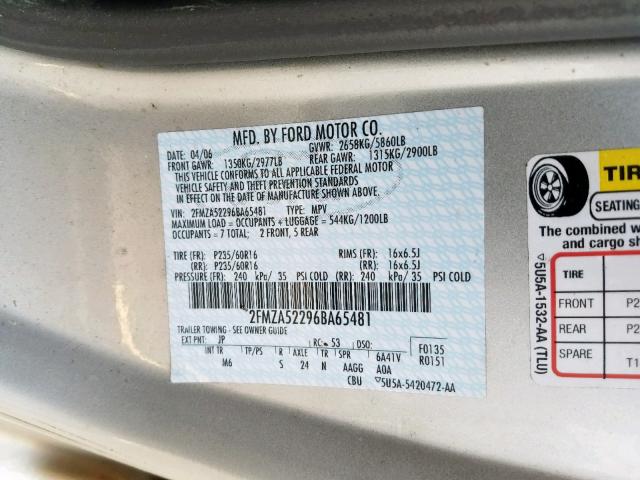 2FMZA52296BA65481 - 2006 FORD FREESTAR S SILVER photo 10