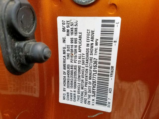 5J6YH28777L016367 - 2007 HONDA ELEMENT EX ORANGE photo 10