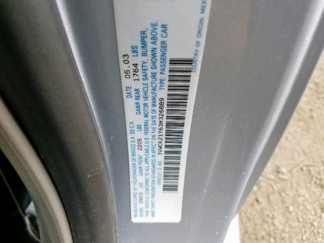 3VWCK21Y63M326889 - 2003 VOLKSWAGEN NEW BEETLE ვერცხლისფერი ფოტო 10