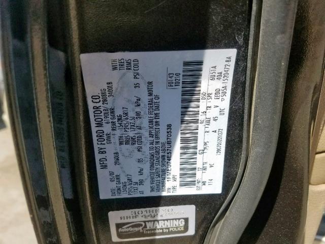 1FMEU74E57UB70538 - 2007 FORD EXPLORER E CHARCOAL photo 10