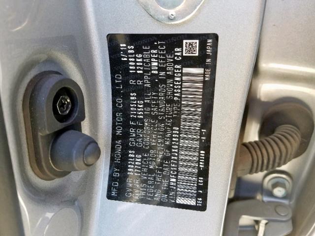 JHMFC1F7XJX028990 - 2018 HONDA CIVIC EXL 灰色 照片 10