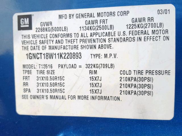 1GNCT18W11K220893 - 2001 CHEVROLET BLAZER BLUE photo 10