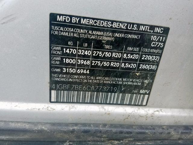 4JGBF7BE6CA773719 - 2012 MERCEDES-BENZ GL 450 4MA SILVER photo 10